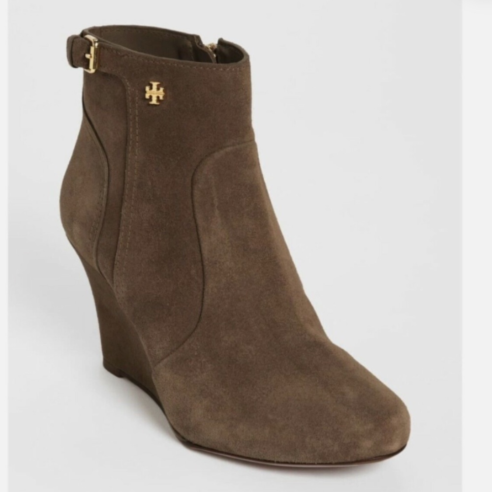 Tory Burch Leather Milan Wedge Bootie Belted Gold Logo